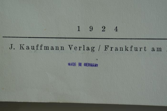 08 029305 : Der jüdische Gottesdienst in seiner geschichtlichen Entwicklung (1924);- (unbekannt), Stempel: Ortsangabe; 'Made in Germany'. 