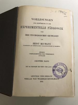 Jcb 594 III (ausgesondert) : Vorlesung zur Einführung in die Experimentelle Pädagogik und ihre psychologischen Grundlagen (1914)