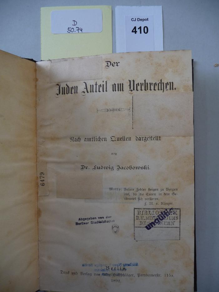 D 50 74: Der Juden Anteil am Verbrechen. (1892)