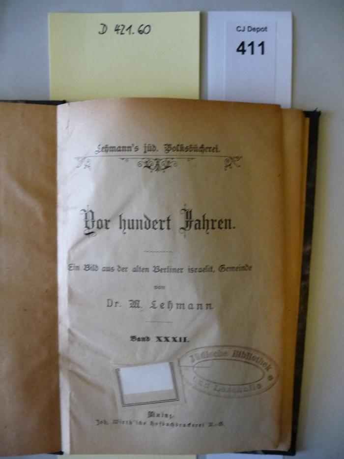 D 421 60: Vor hundert Jahren. Ein Bild aus der alten Berliner israelit. Gemeinde. (k.A.)