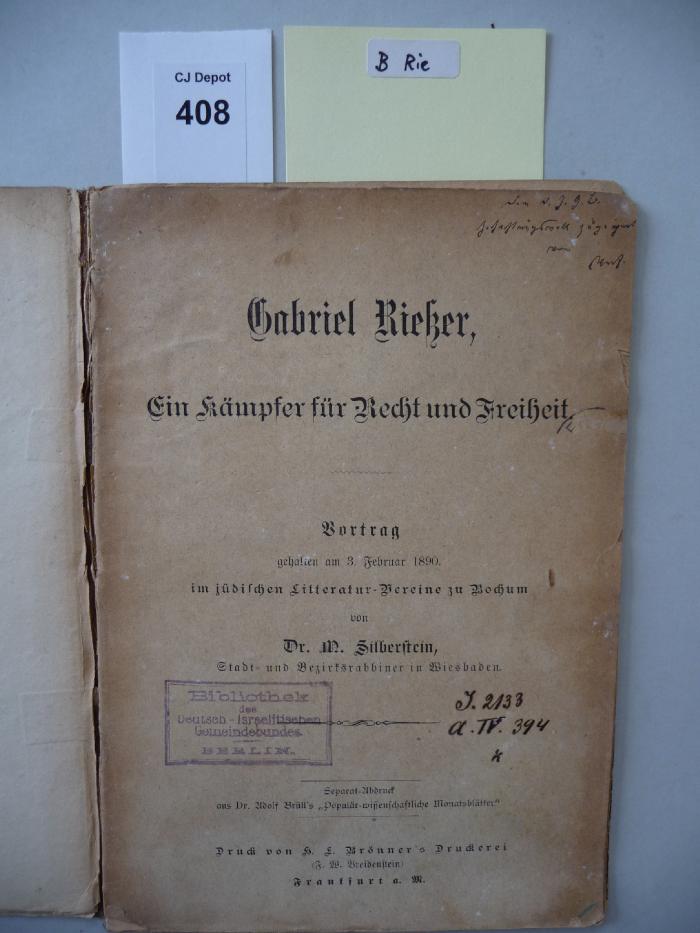 B Rie: Gabriel Riesser. Ein Kämpfer für Recht und Freiheit. (1890)