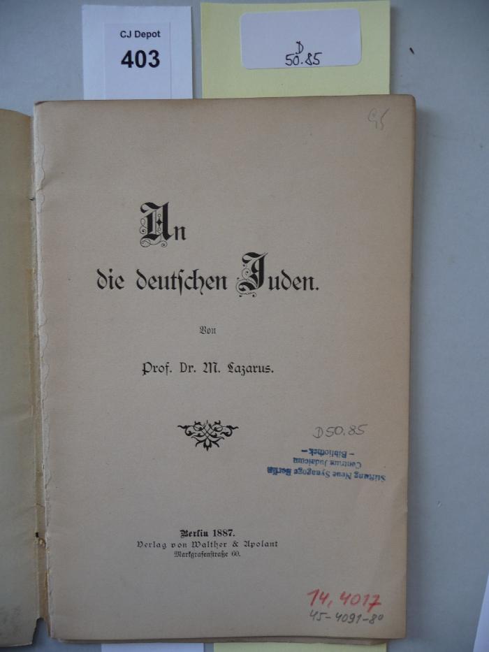 D 50 85: An die deutschen Juden. (1887)
