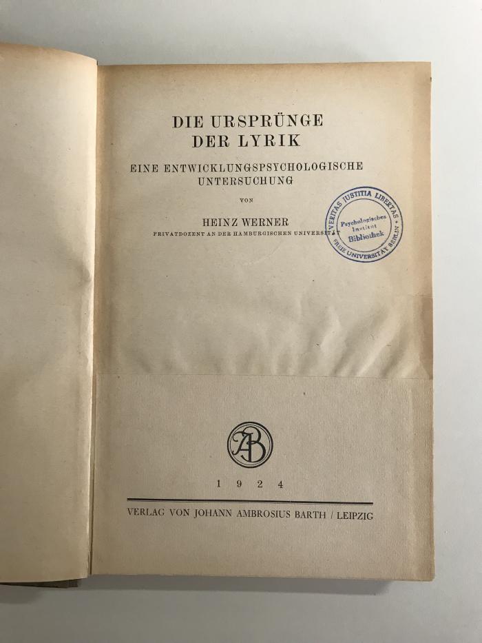 EC 4350 W 492 : Die Ursprünge der Lyrik. Eine entwicklungspsychologische Untersuchung. (1924)