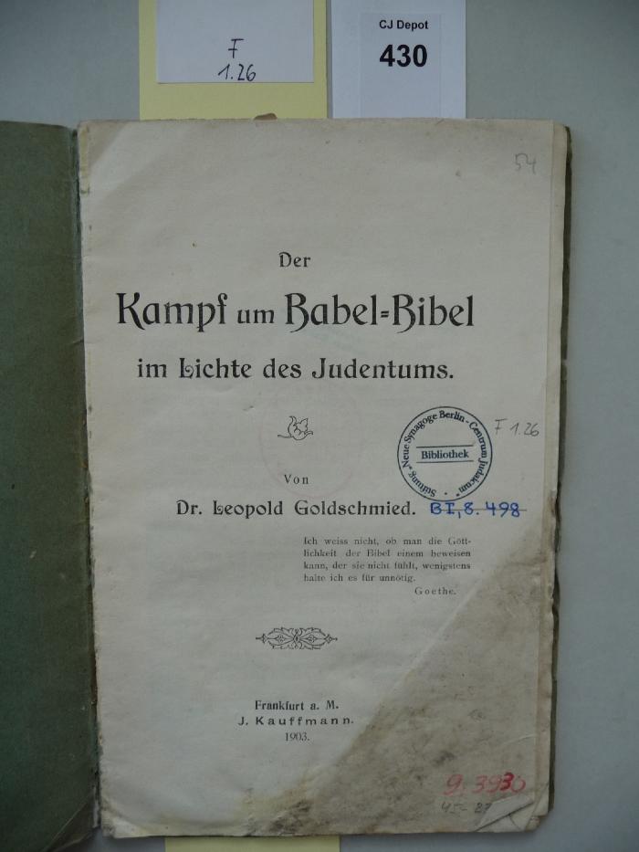 F 1 26: Der Kampf um Babel-Bibel im Lichte des Judentums. (1903)