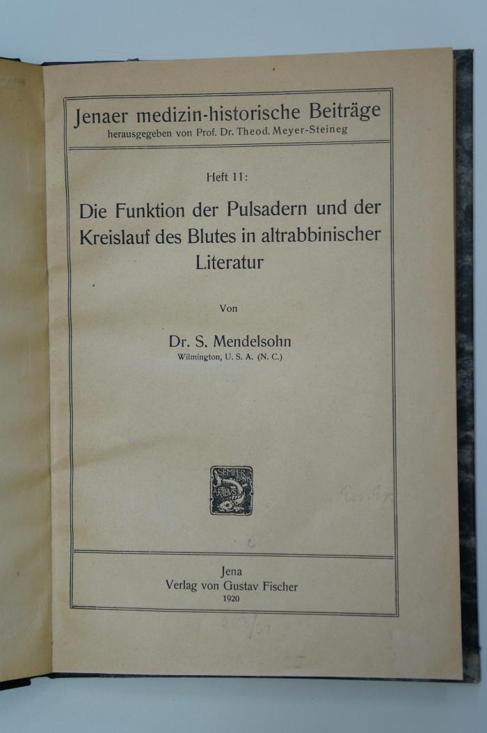 10 024807 : Die Funktion der Pulsadern und der Kreislauf des Blutes in altrabbinischer Literatur (1920)