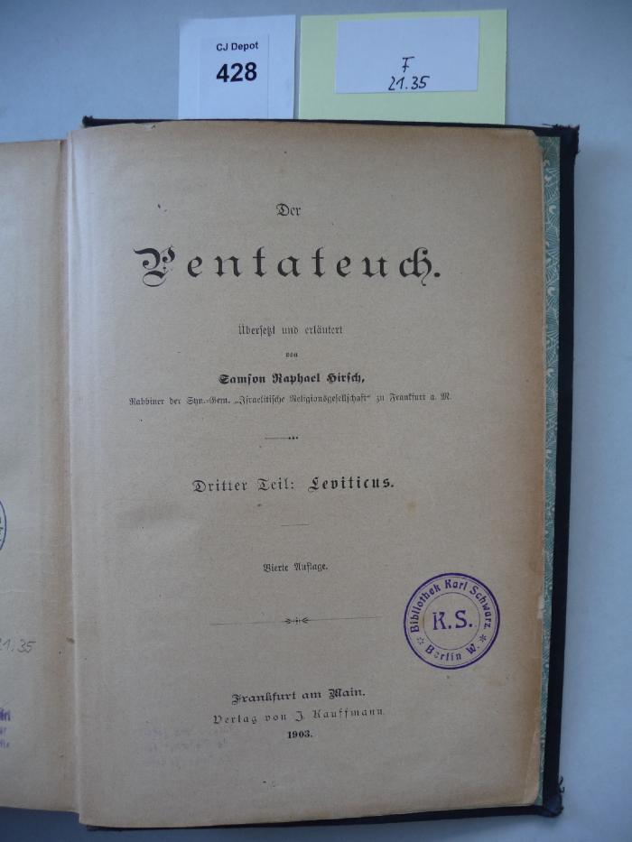 F 21 35: Der Pentateuch. Dritter Teil: Leviticus. (1903)