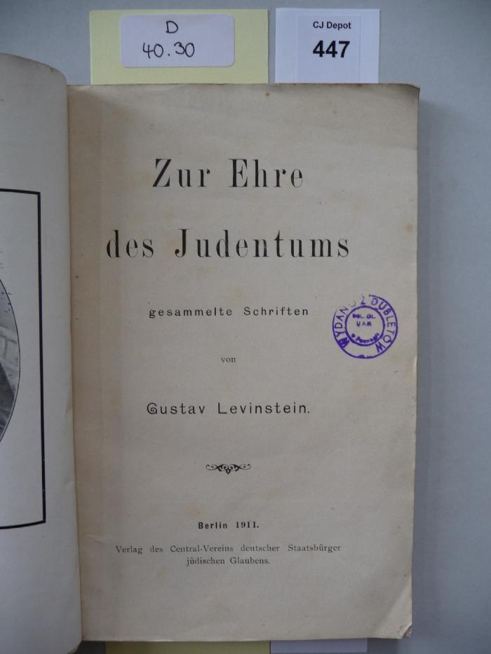 D 40 30: Zur Ehre des Judentums. (1911)