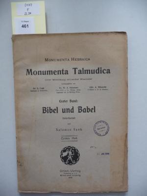 F 22 34 [1/3]: Monumenta Talmudica. Erster Band: Bibel und Babel. (1918)