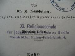 - (XI. Religionsschule der Jüdischen Gemeinde Berlin), Stempel: Ortsangabe, Name; 'XI. Religionsschule der jüdischen Gemeinde zu Berlin
Neukölln, Kaiser-Friedrichstr. 4'. 