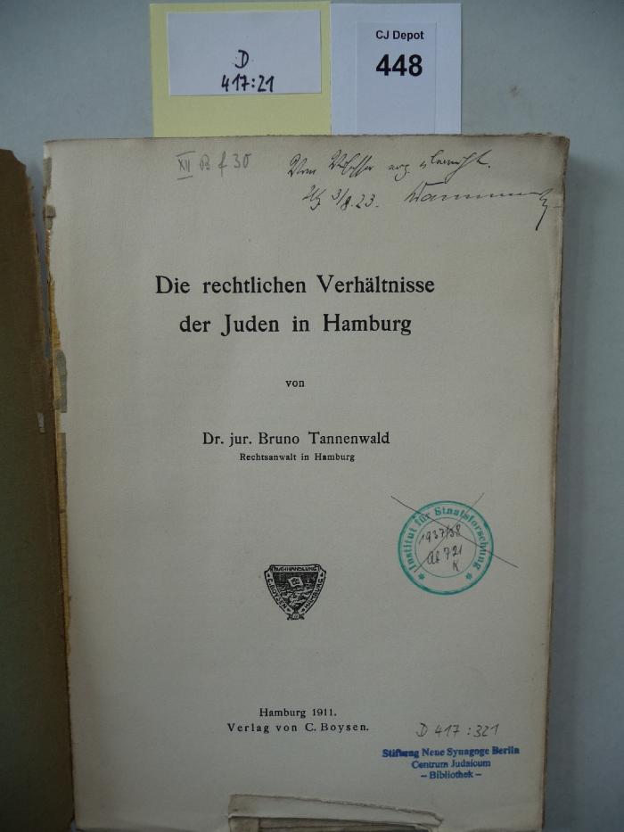 D 417 21: Die rechtlichen Verhältnisse der Juden in Hamburg. (1911)
