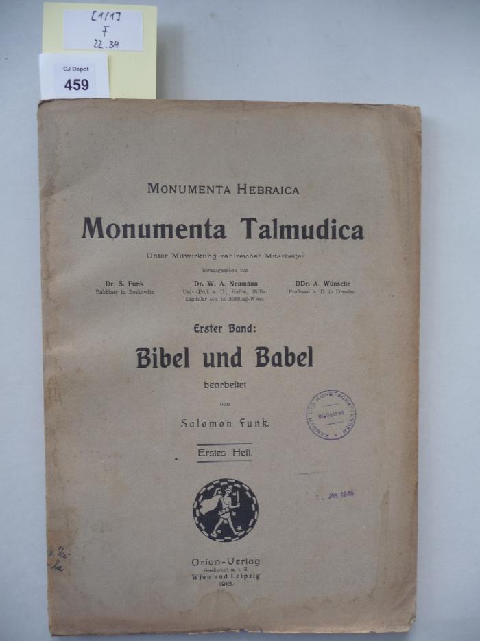 F 22 34 [1/1]: Monumenta Talmudica. Erster Band: Bibel und Babel. (1913)
