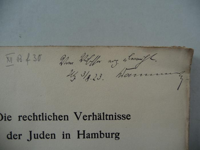 - (Tannenwald, Bruno), Von Hand: Autor, Autogramm, Name, Datum, Widmung; 'Vom Verfasser zum Geschenk
3/8.23 Tannenwald'. 