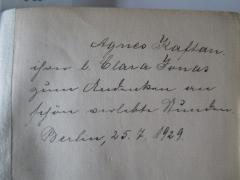 J / 58 (Jonas, Clara;Kaftan, Agnes), Von Hand: Name, Ortsangabe, Datum, Widmung; 'Agnes Kaftan. ihrer l. Clara Jonas zum Andenken an schön verlebte Stunden. Berlin, 25.7.1929'. 