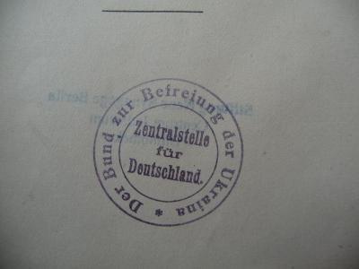 - (Der Bund zur Befreiung der Ukraine, Zentralstelle für Deutschland), Stempel: Ortsangabe, Name; 'Der Bund zur Befreiung der Ukraine. Zentralstelle für Deutschland'.  (Prototyp)