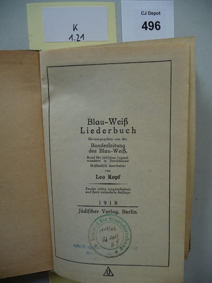K 1 21: Blau-Weiß Liederbuch. (1918)
