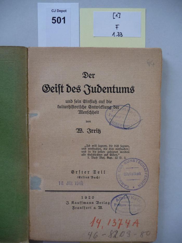 F 1 53 [1]: Der Geist des Judentums und sein Einfluß auf die kulturhistorische Entwicklung der Menschheit. (1920)