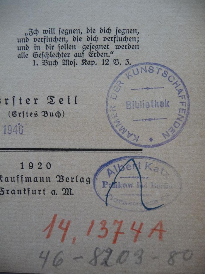 - (Katz, Albert), Durchgestrichen: Ortsangabe, Name; 'Albert Katz
Pankow bei Berlin
Florastrasse 55'. 