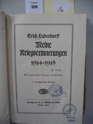 D 1 66: Meine Kriegserinnerungen 1914-1918. (1922)