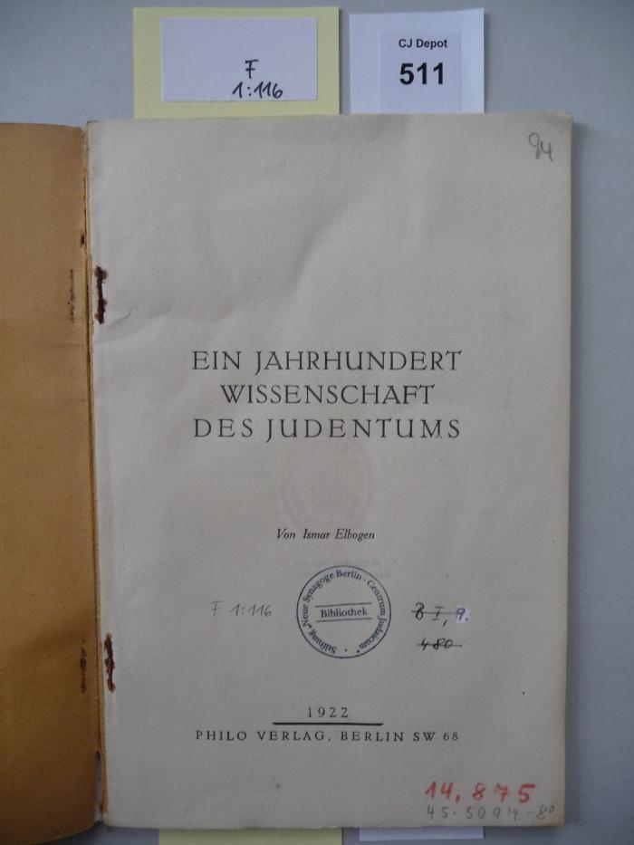 F 1 116: Ein Jahrhundert Wissenschaft des Judentums. (1922)