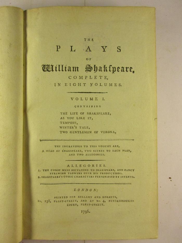 1 M 56 - 1 : Volume 1 : The life of Shakspeare, As you like it, Tempest, Winter's Tale, Two Gentlmen of Verona (1796)