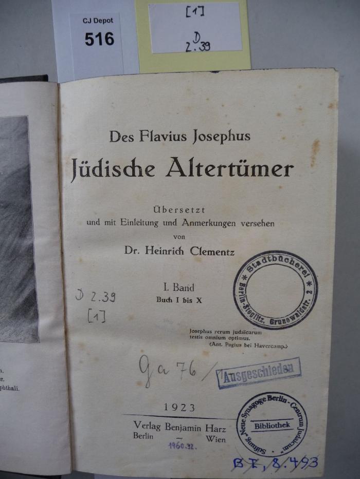 D 2 39 [1]: Des Flavius Josephus Jüdische Altertümer. (1923)