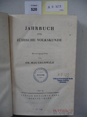 A 5 325 1. Ex.: Jahrbuch für jüdische Volkskunde. (1923)