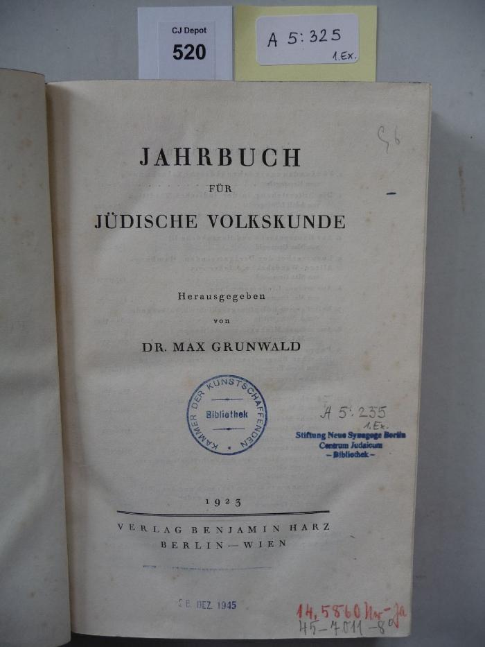 A 5 325 1. Ex.: Jahrbuch für jüdische Volkskunde. (1923)