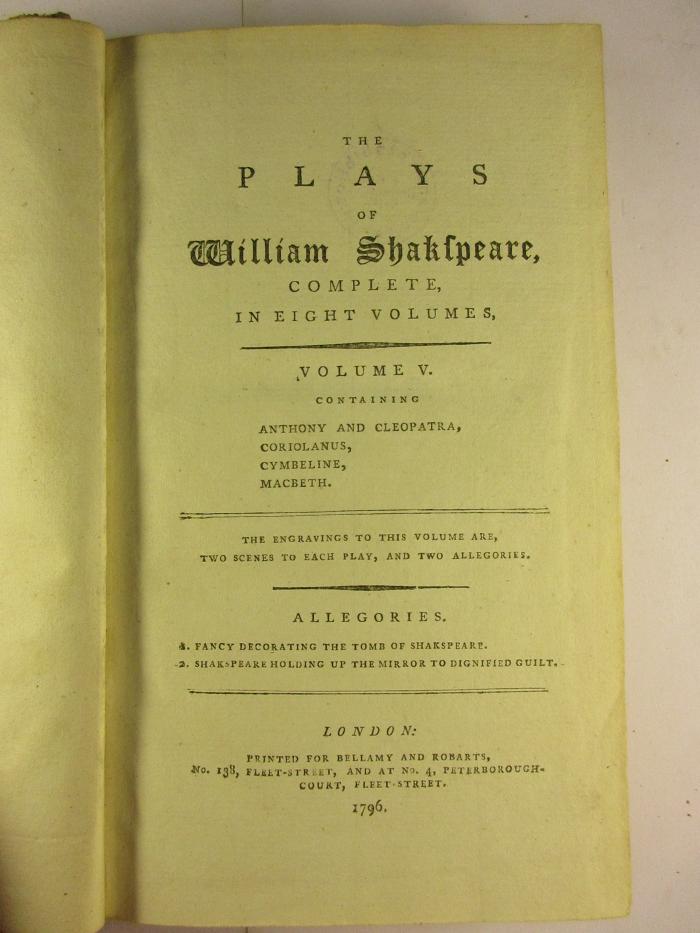 1 M 56 - 5 : Volume 5 : Anthony and Cleopatra, Coriolanus, Cymbeline, Macbeth (1796)