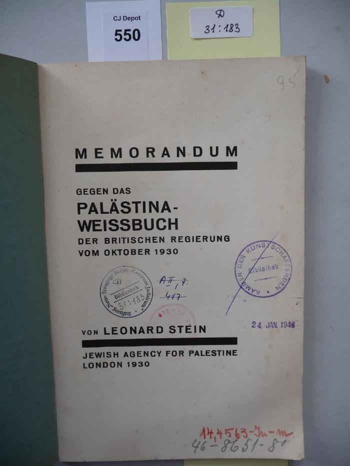 D 31 183: Memorandum gegen das Palöstina-Weissbuch der britischen Regierung vom Oktober 1930. (1930)