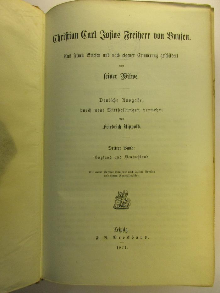 1 T 31-3 : Christian Carl Josias Freiherr von Bunsen : 3. England und Deutschland (1871)