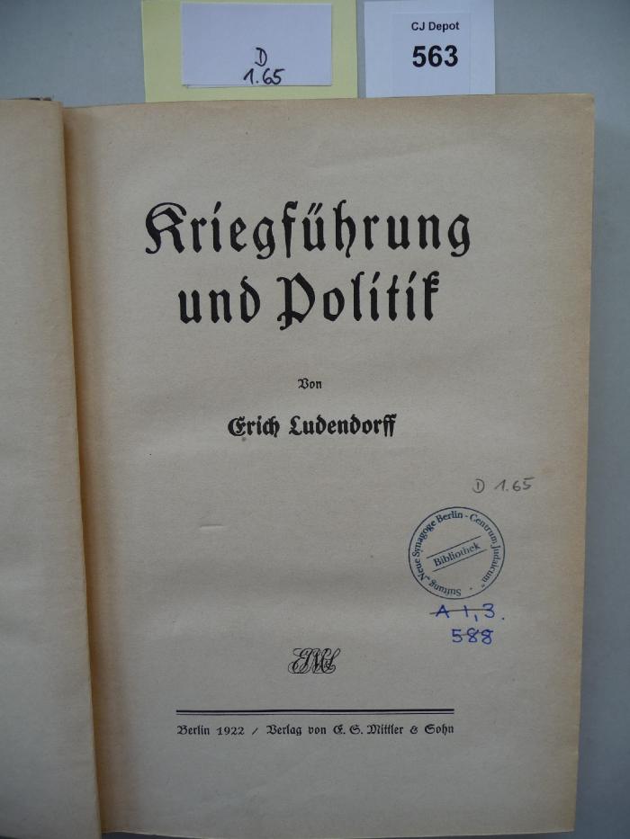 D 1 65: Kriegsführung und Politik. (1922)