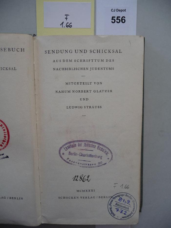 F 1 66: Sendung und Schicksal aus dem Schrifttum des nachbiblischen Judentums. (1931)