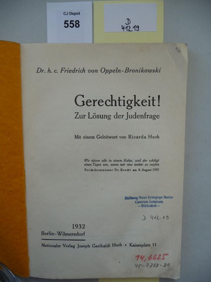 D 412 19: Gerechtigkeit! Zur Lösung der Judenfrage. (1932)