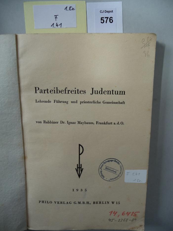 F 1 41 1. Ex.: Parteibefreites Judentum. Lehrende Führung und priesterliche Gemeinschaft. (1935)