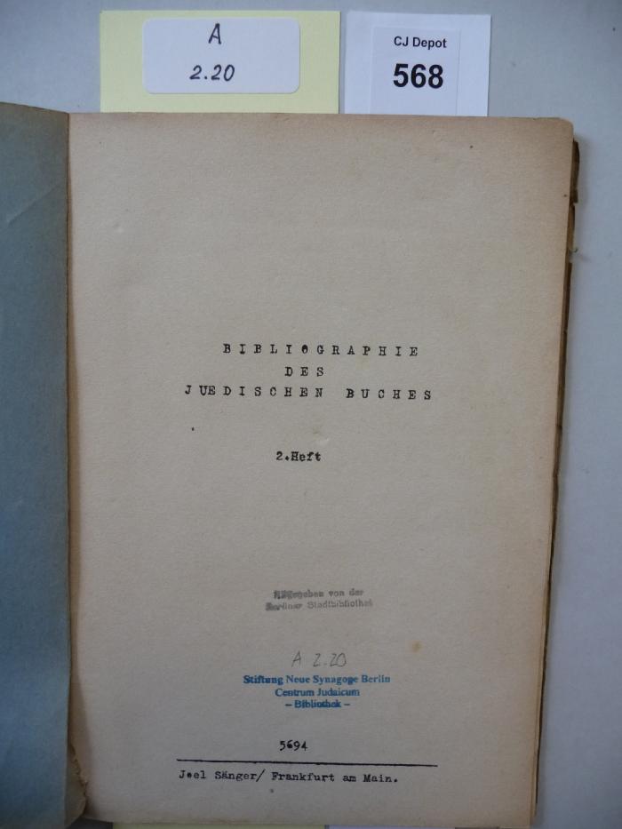 A 2 20: Bibliografie des jüdischen Buches. (5694 (1933))