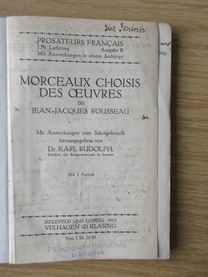 CF 7503 M833 : Morceaux choisis des oeuvres de Jean-Jacques Rousseau (1913)