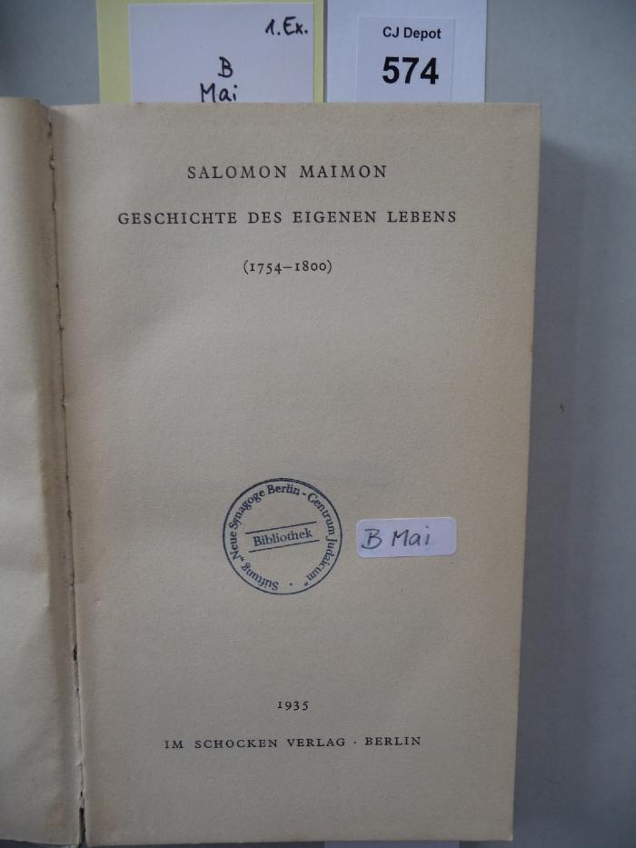 B Mai  1. Expl.: Geschichte des eigenen Lebens (1754-1800). (1935)