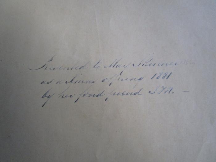  The Birthday Book of Flower and Song (1877);- (Skinner, May), Von Hand: Name, Initiale, Datum, Widmung; 'Presented to May Skinner as a Xmas offering 1881 by her fond friend JM.-'. 