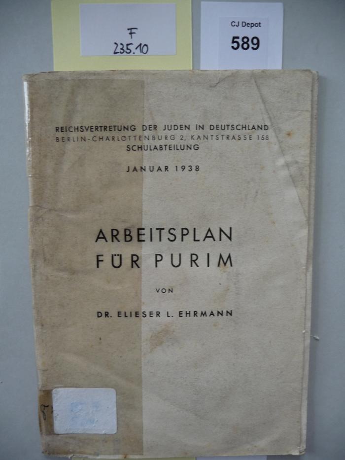 F 235 10: Arbeitsplan für Purim. (1938)
