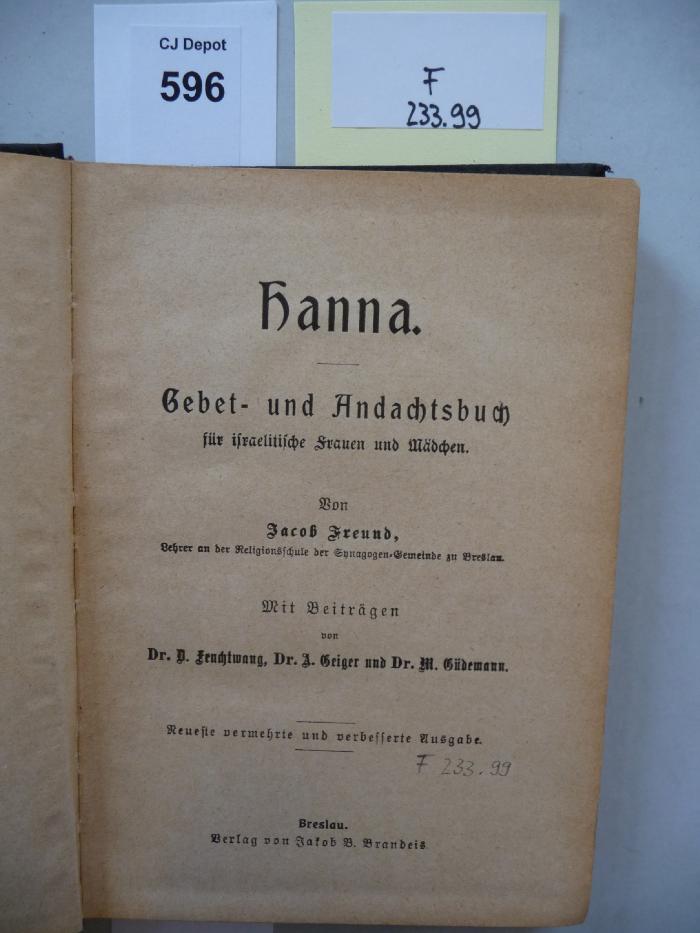 F 233 99: Hanna. Gebet- und Andachtsbuch für israelitische Frauen und Mädchen. (k.A.)