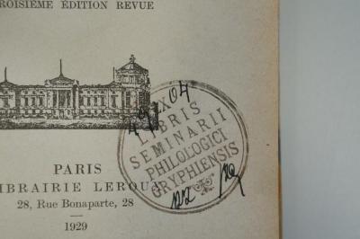 96 025946 : Les Religions Orientales dans le paganisme romain (1929);- (Philologisches Seminar Gryphiensis), Stempel: Name; 'Ex Libris
Seminarii philologici Gryphiensis
'. ;- (Philologisches Seminar Gryphiensis), Von Hand: Signatur, Monogramm; '49 /04
12/2 [...]'. 