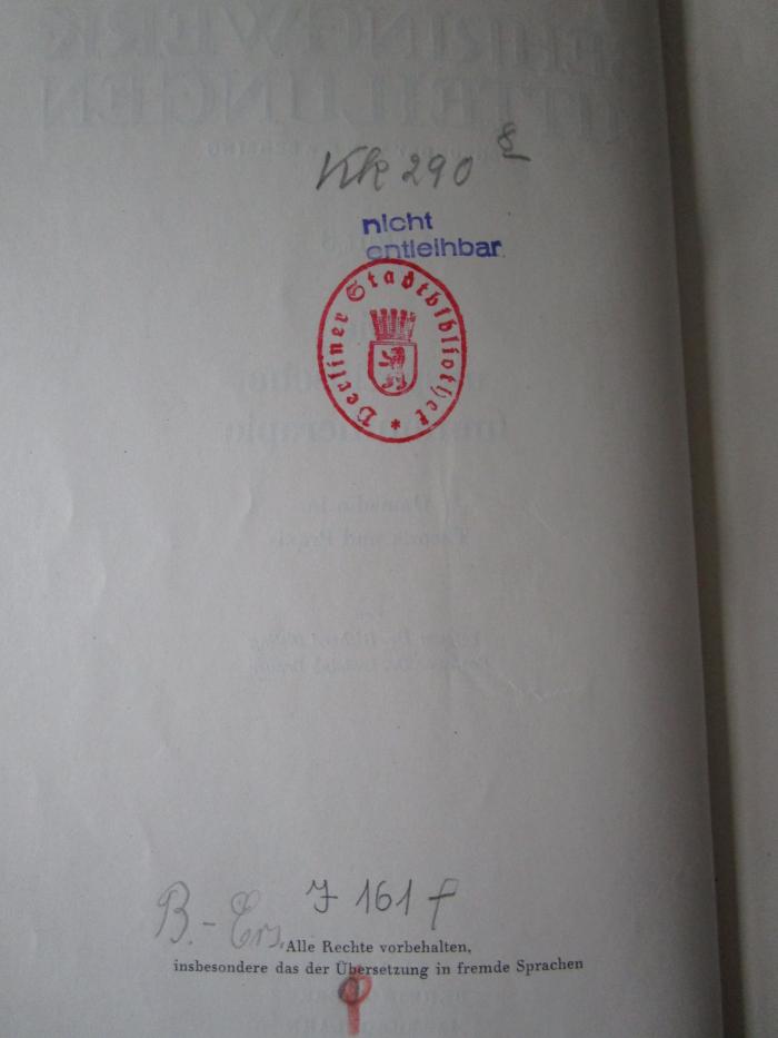 Kk 290 8: Die unspezifische Immuntherapie : Omnadin in Theorie und Praxis (1937);J / 161 (Berliner Stadtbibliothek), Von Hand: Notiz; 'B-Ers.'. 