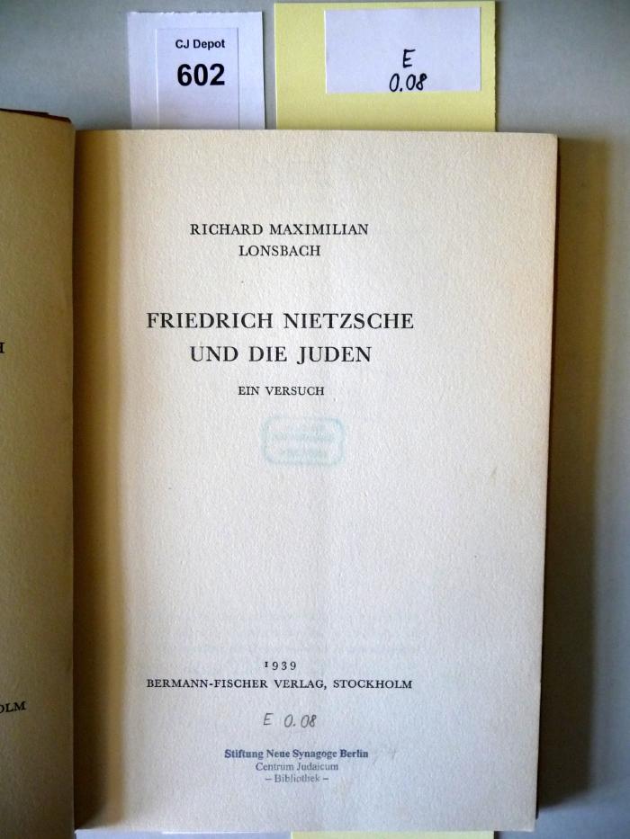 E 0 08: Friedrich Nietzsche und die Juden. Ein Versuch. (1939)