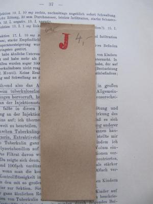 Kk 761 b: Die Tuberkulose des Kindesalters (1912);J / 799 (Pfandleihanstalt), Stempel: Zeichen; 'J'.  (Prototyp);J / 799 (Pfandleihanstalt), Papier: Zeichen.  (Prototyp);J / 799 (Pfandleihanstalt), Von Hand: Preis, Nummer; '00
4.-'. 