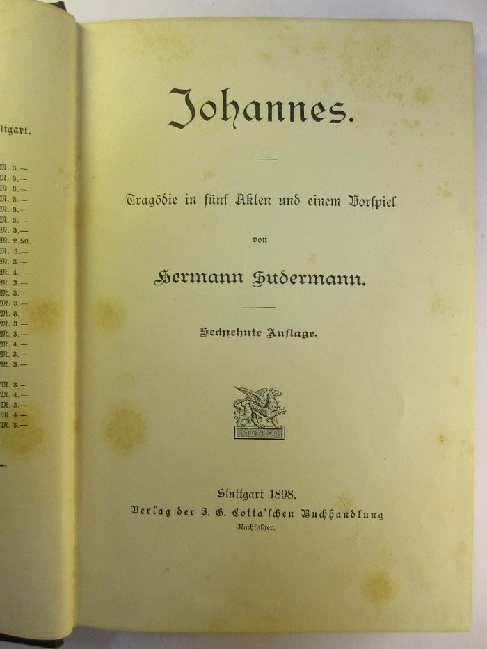 5 L 22&lt;16&gt; : Johannes : Tragödie in fünf Akten und einem Vorspiel (1898)