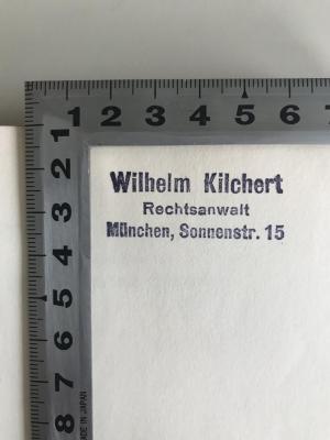 KX 166 1 (ausgesondert) : Das Recht der Reichskulturkammer. Sammlung der für den Kulturstand geltenden Gesetze und Verordnungen, der amtlichen Anordnungen und Bekanntmachungen der Reichskulturkammer und ihrer Einzelkammern. Abgeschlossen am 31.12.1934 (1935);- (Kilchert, Wilhelm), Stempel: Name, Ortsangabe; 'Wilhelm Kilchert Rechtsanwalt München, Sonnenstr. 15'. 