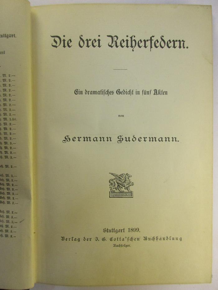 5 L 21 : Die drei Reiherfedern : ein dramatisches Gedicht in fünf Akten (1899)