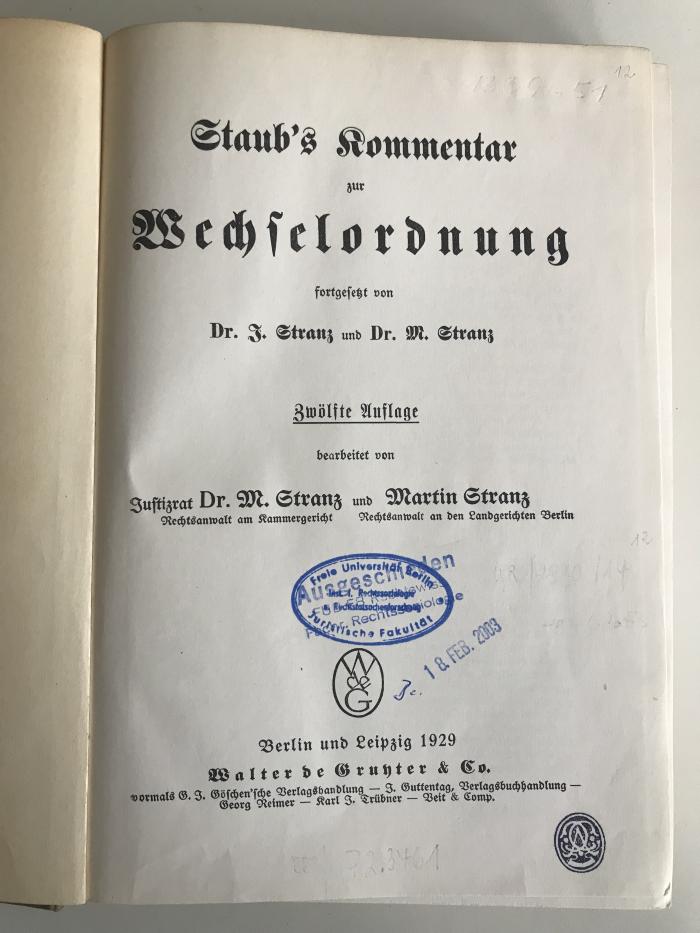 (ausgesondert) : Staub`s Kommentar zur Wechselordnung (1929)