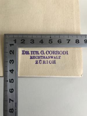 (ausgesondert) : Staub`s Kommentar zur Wechselordnung (1929);- (Corrodi, G.), Stempel: Name, Berufsangabe/Titel/Branche, Ortsangabe; 'Dr. jur. G. Corrodi Rechtsanwalt Zürich'. 