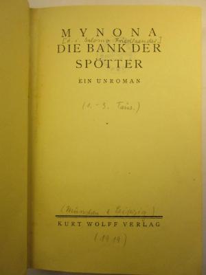 5 L 212 : Die Bank der Spötter : Ein Unroman (1919)